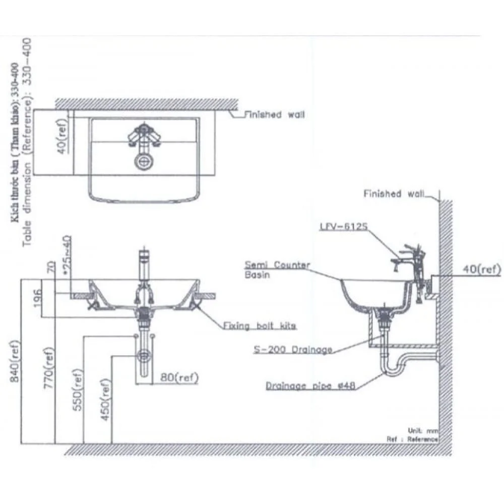 bản vẽ kỹ thuật Chậu Rửa Mặt Lavabo Bán Âm Inax L-345V