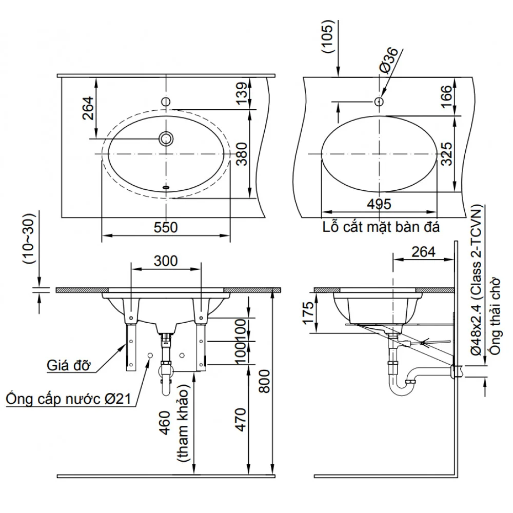 Bản vẻ kỹ thuật Chậu rửa mặt âm bàn đá Inax L-2216V