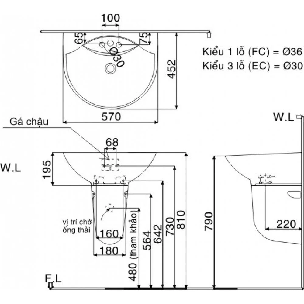 Chậu rửa mặt treo tường 3 lỗ Inax L-288VEC ( không chân) 