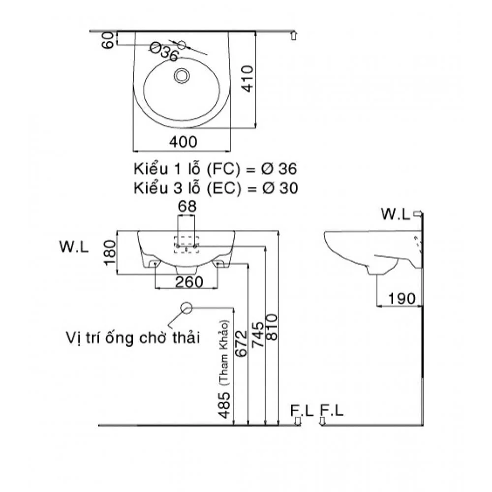 Chậu rửa mặt treo tường Inax L-282V( không chân)  