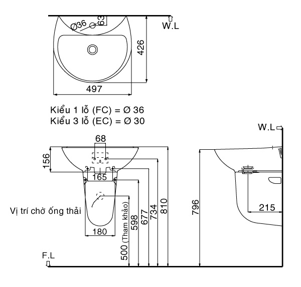 Bản vẽ kỹ thuật Chân lửng chậu treo tường Inax L-297VC (không chậu)