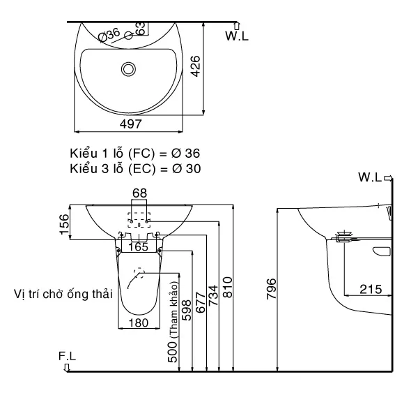 Bản vẽ kỹ thuật Chân lửng chậu treo tường Inax L-297VC (không chậu)