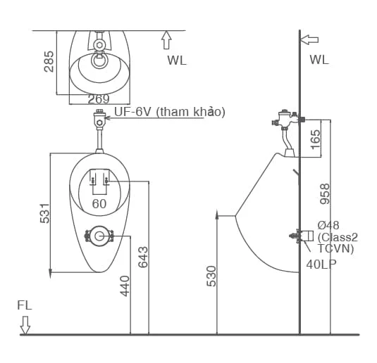 Bồn tiểu nam treo tường Inax U-117V