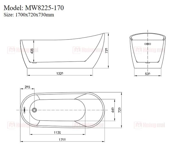 Bản vẽ kỹ thuật Bồn Tắm Đặt Sàn Mowoen MW8225-170