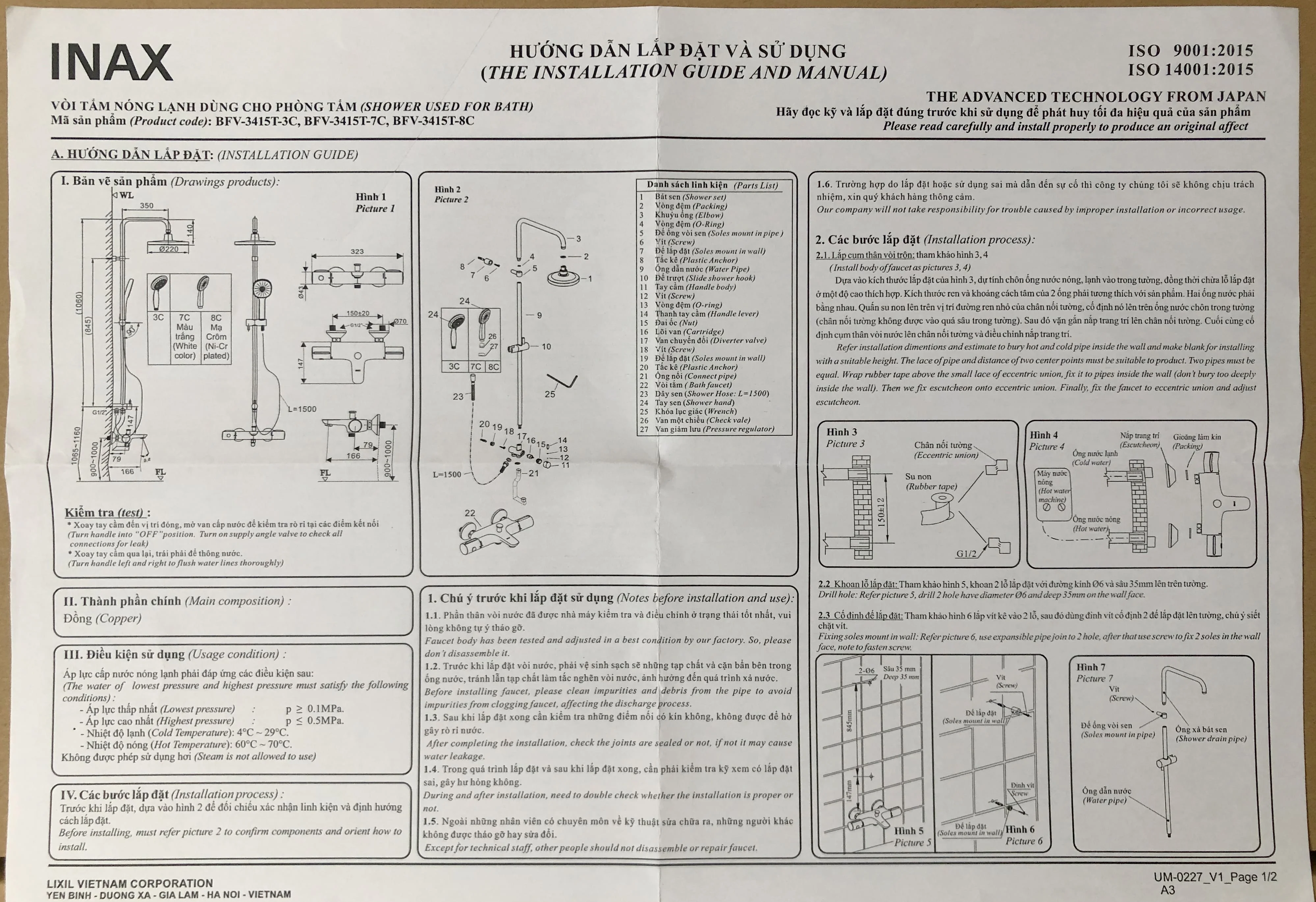 Hướng dẫn lắp đặt và sử dụng sen tắm Inax BFV-3415T-3C