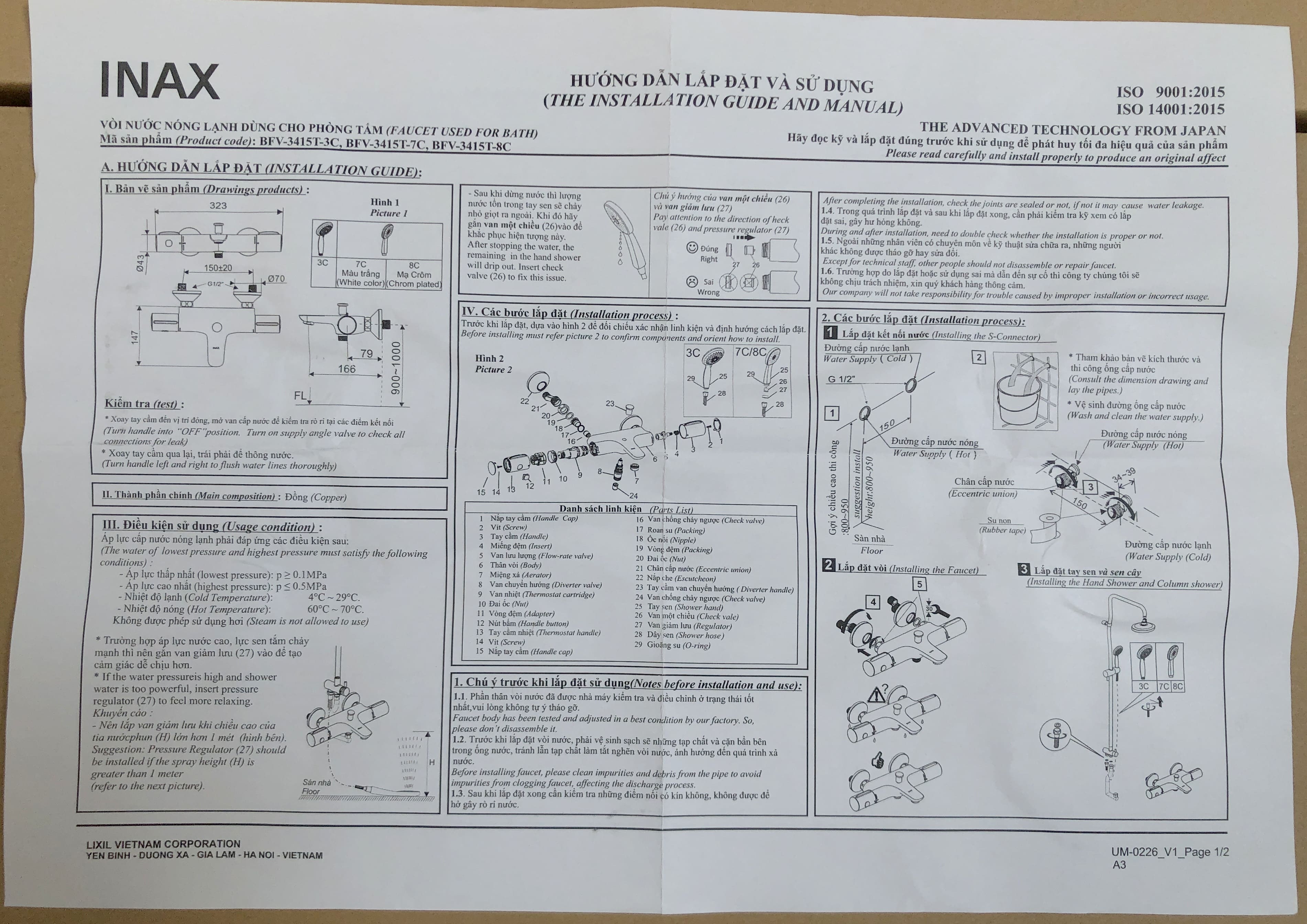 Hướng dẫn lắp đặt và sử dụng sen tắm Inax BFV-3415T-3C