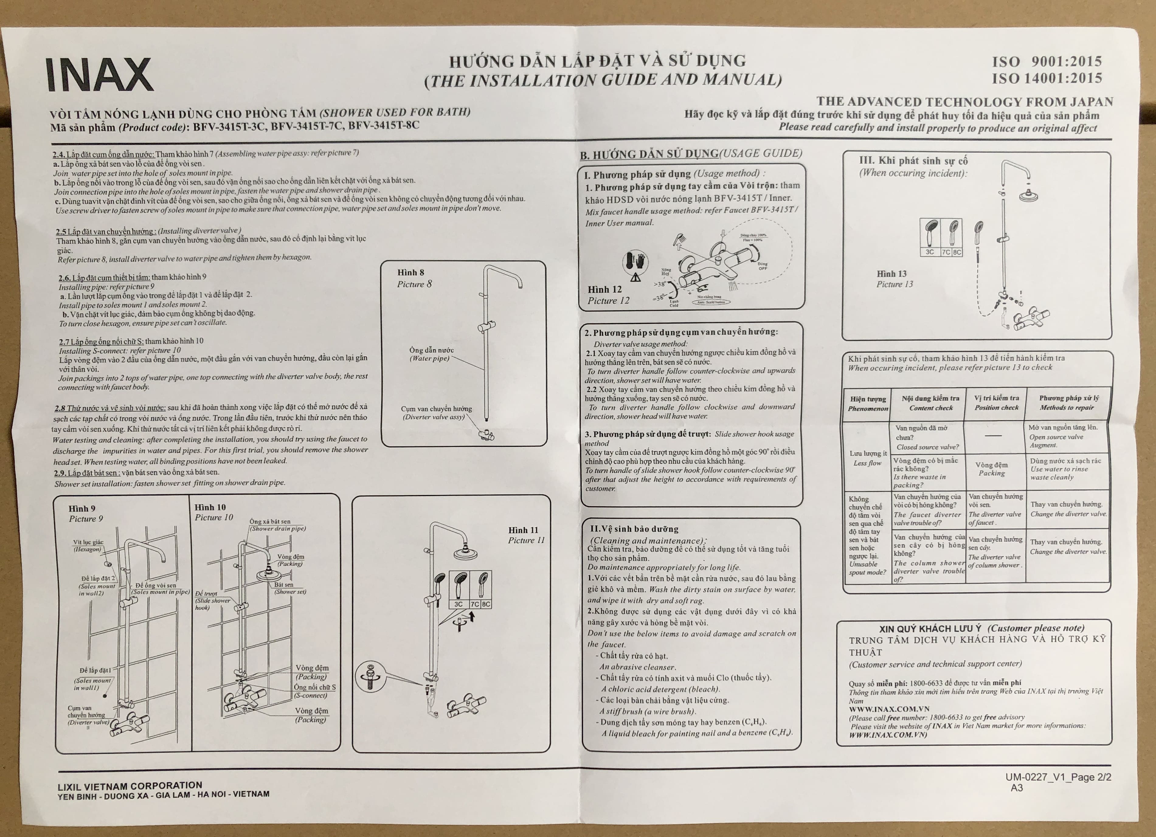 Hướng dẫn lắp đặt và sử dụng sen tắm Inax BFV-3415T-3C