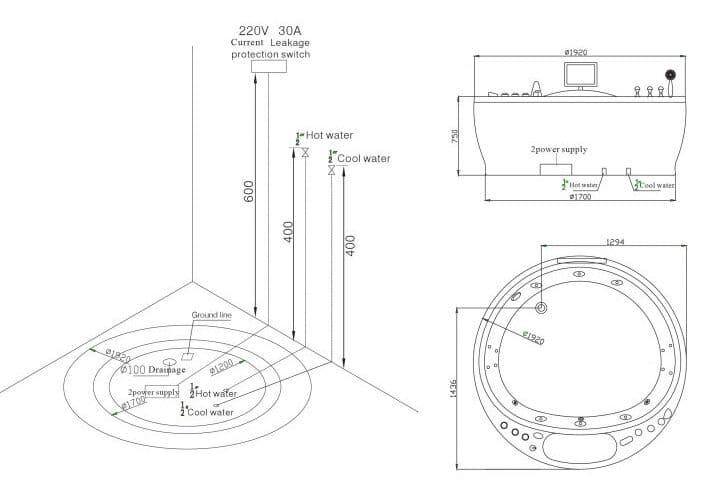 bản vẽ kỹ thuật Bồn tắm MASSAGE NOFER NG–3190D