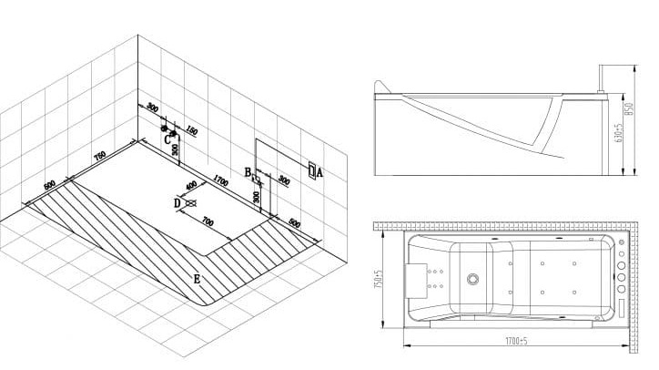 bản vẽ kỹ thuật Bồn tắm MASSAGE NOFER NG–65108