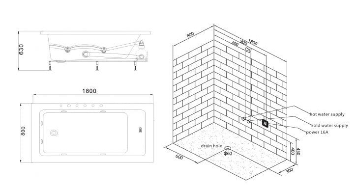 bản vẽ kỹ thuật Bồn tắm MASSAGE NOFER NG–DE002P
