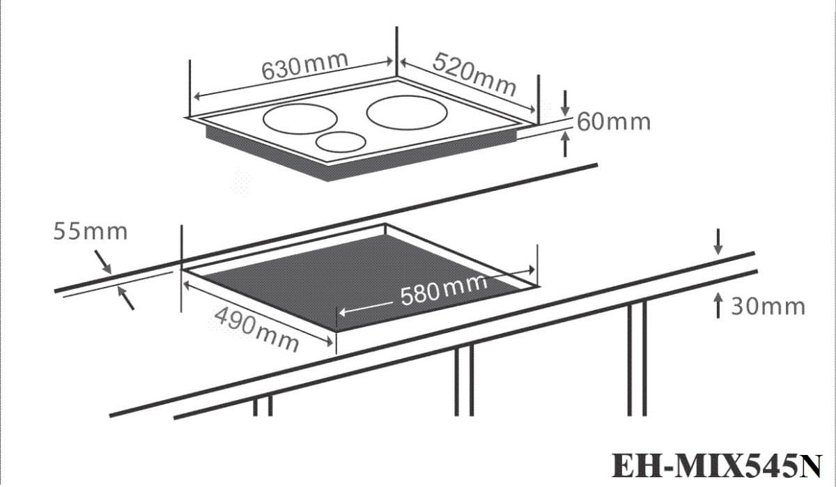 Hình ảnh bản vẽ kỹ thuật Bếp hồng ngoại kết hợp từ Chefs EH-MIX545N