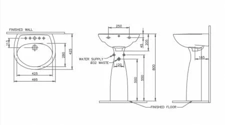 Bản vẽ kỹ thuật Chậu rửa mặt treo tường chân dài Nahm SVW2100505XN01 SVH2100S300N01