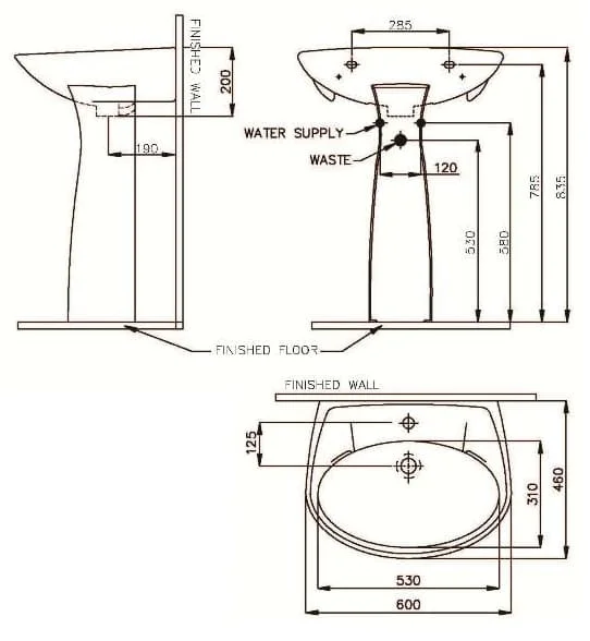 Bản vẽ kỹ thuật Chậu rửa mặt treo tường chân dài Nahm SVW2310605XN01 SVH2310S300N01