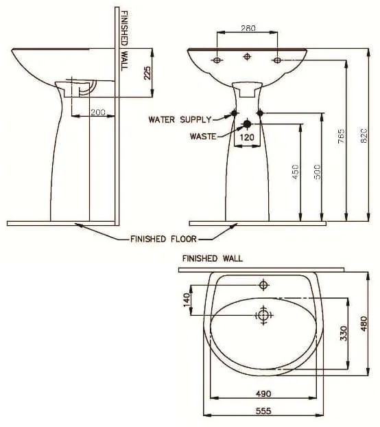 Bản vẽ kỹ thuật Chậu rửa mặt treo tường chân dài Nahm SVW2100565XN01 SVH2100S300N01