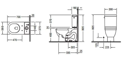 Bản vẽ kỹ thuật Bồn cầu 2 khối nắp êm Duravit 588.45.476