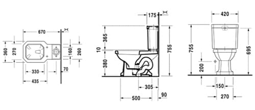 Bản vẽ kỹ thuật Bồn cầu 2 khối nắp êm Duravit 588.45.560