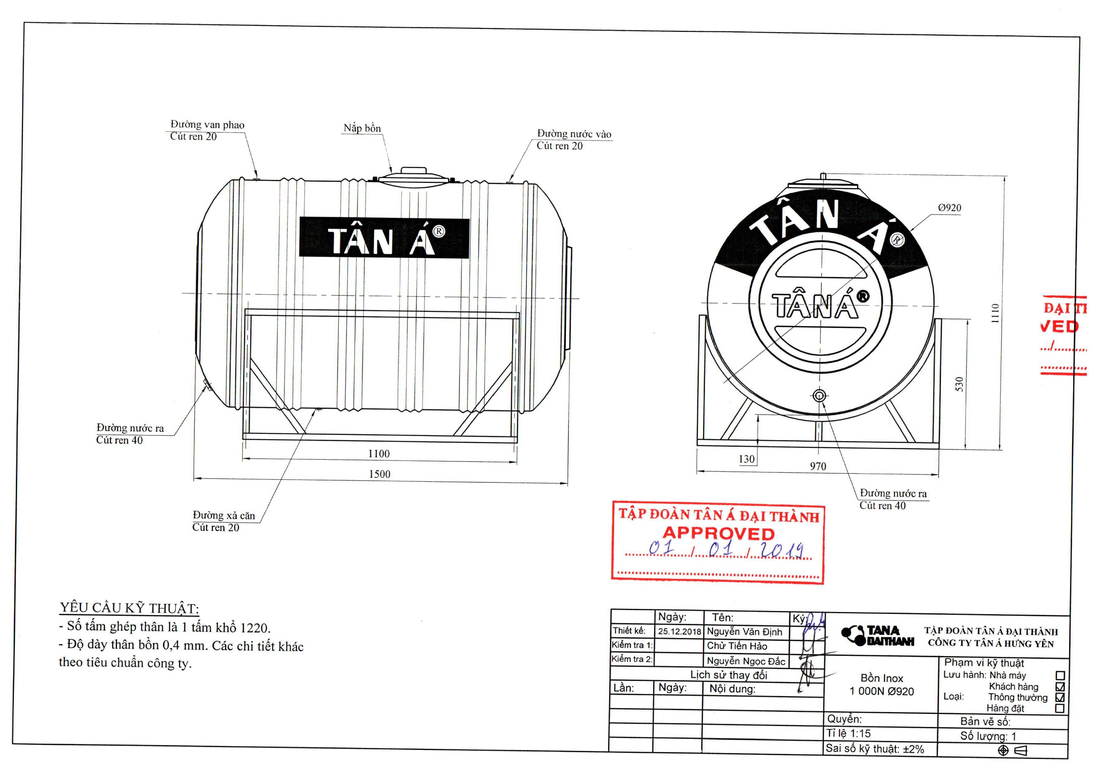 Bản vẽ kỹ thuật bể nước inox Tân Á Đại Thành 1000L nằm ngang