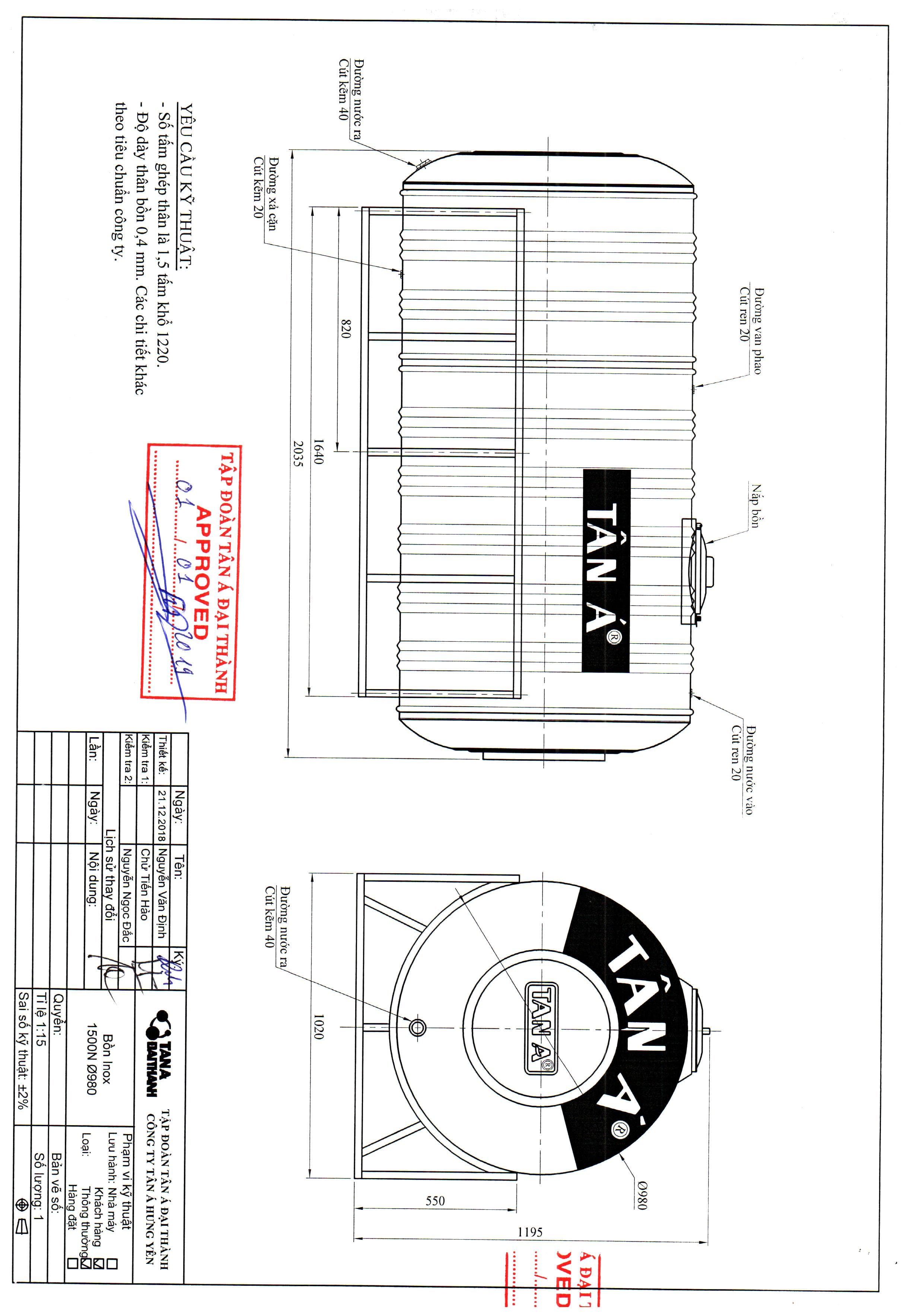 Bản vẽ kỹ thuật bể nước inox Tân Á 1500L ngang
