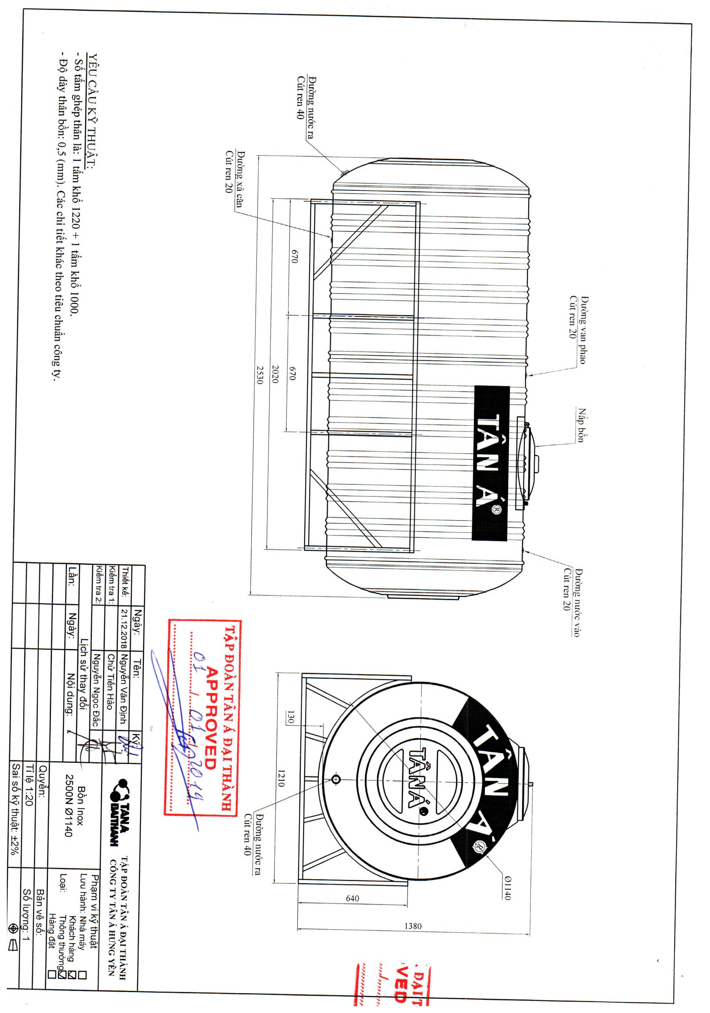 Bản vẽ kỹ thuật bể nước inox Tân Á 2500L nằm phi 1140