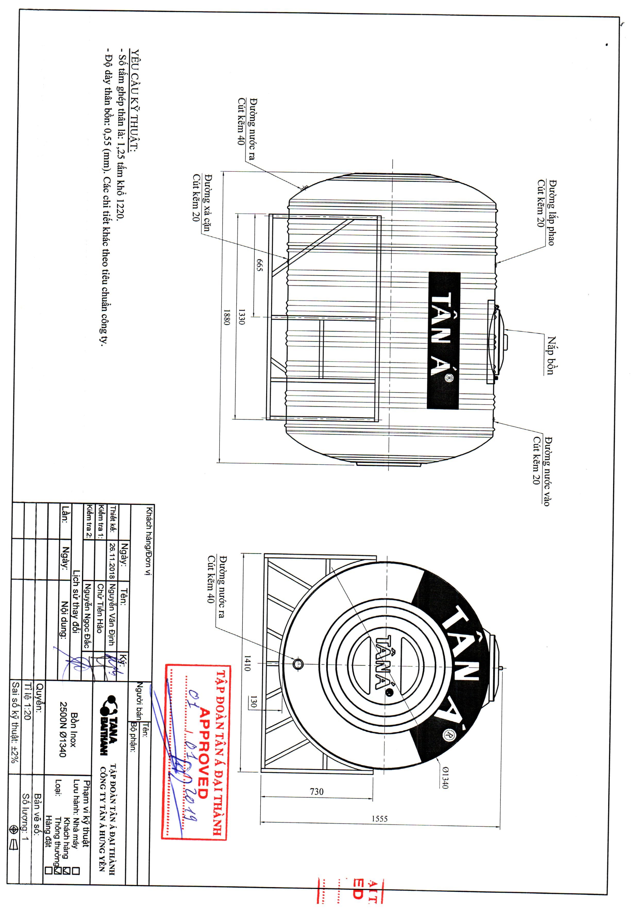 Bản vẽ kỹ thuật bể nước inox Tân Á 2500L nằm