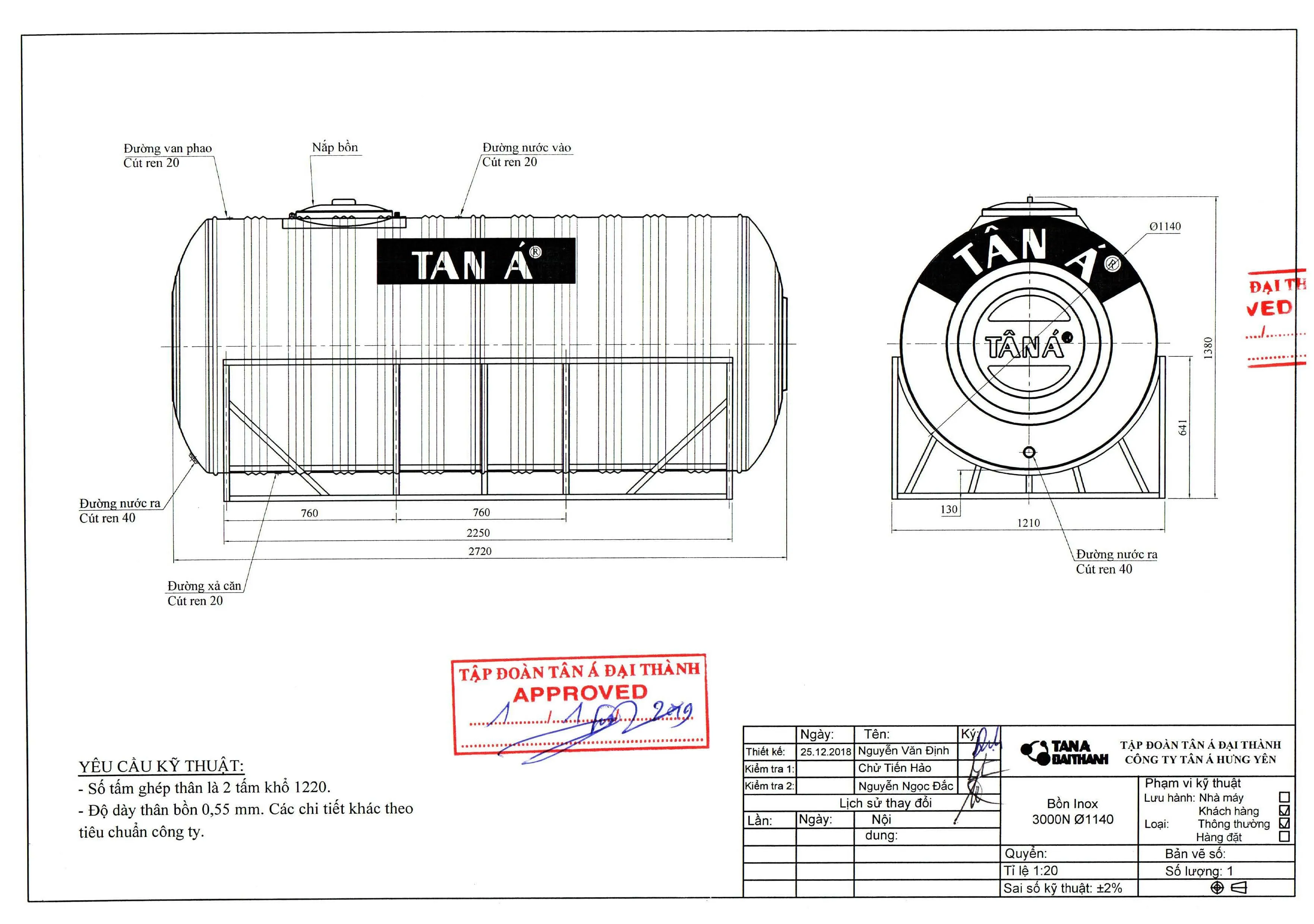Bản vẽ kỹ thuật bể nước inox Tân Á Đại Thành 3000L nằm ngang