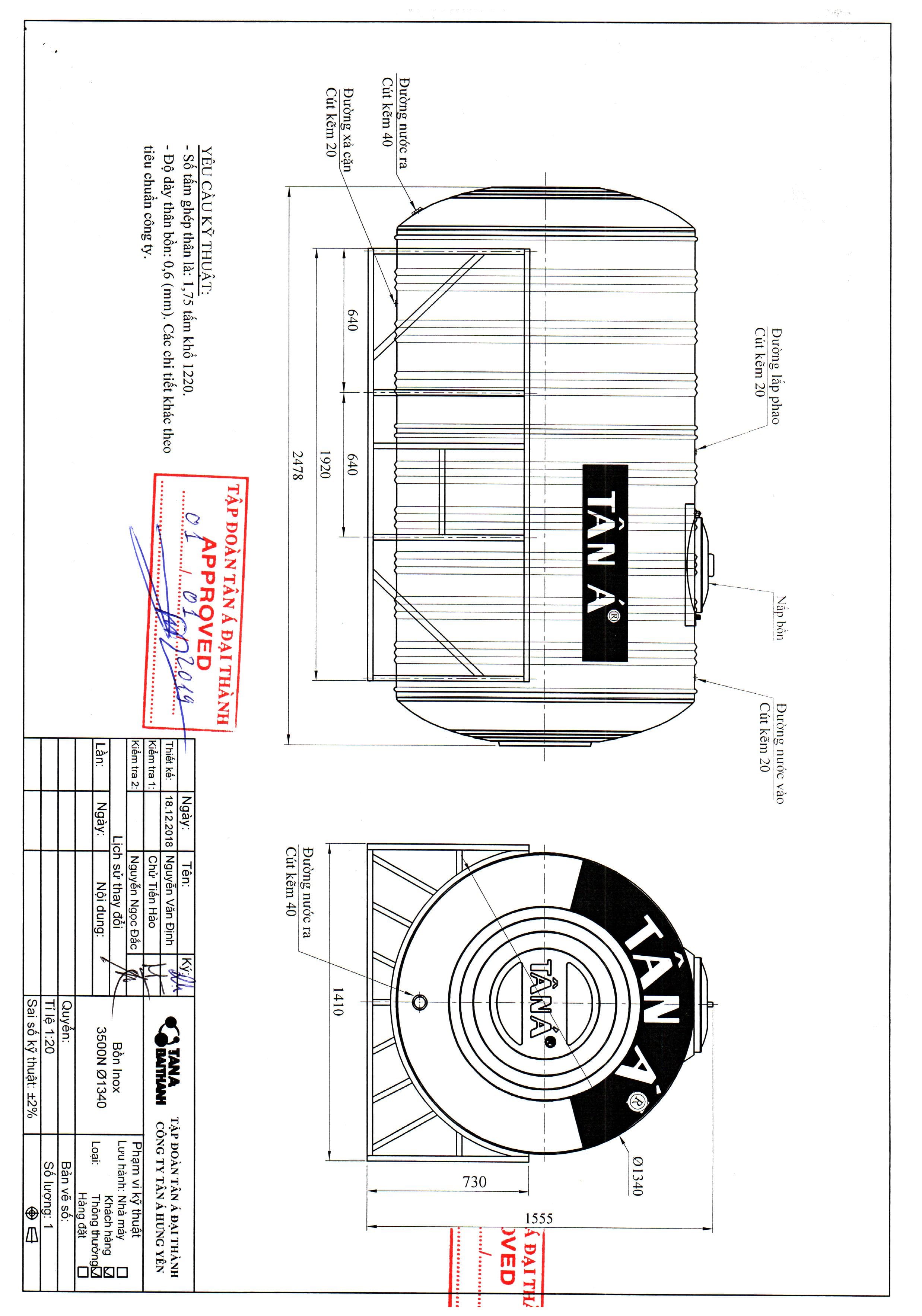 Bản vẽ kỹ thuật bể nước inox Tân Á 3500L nằm