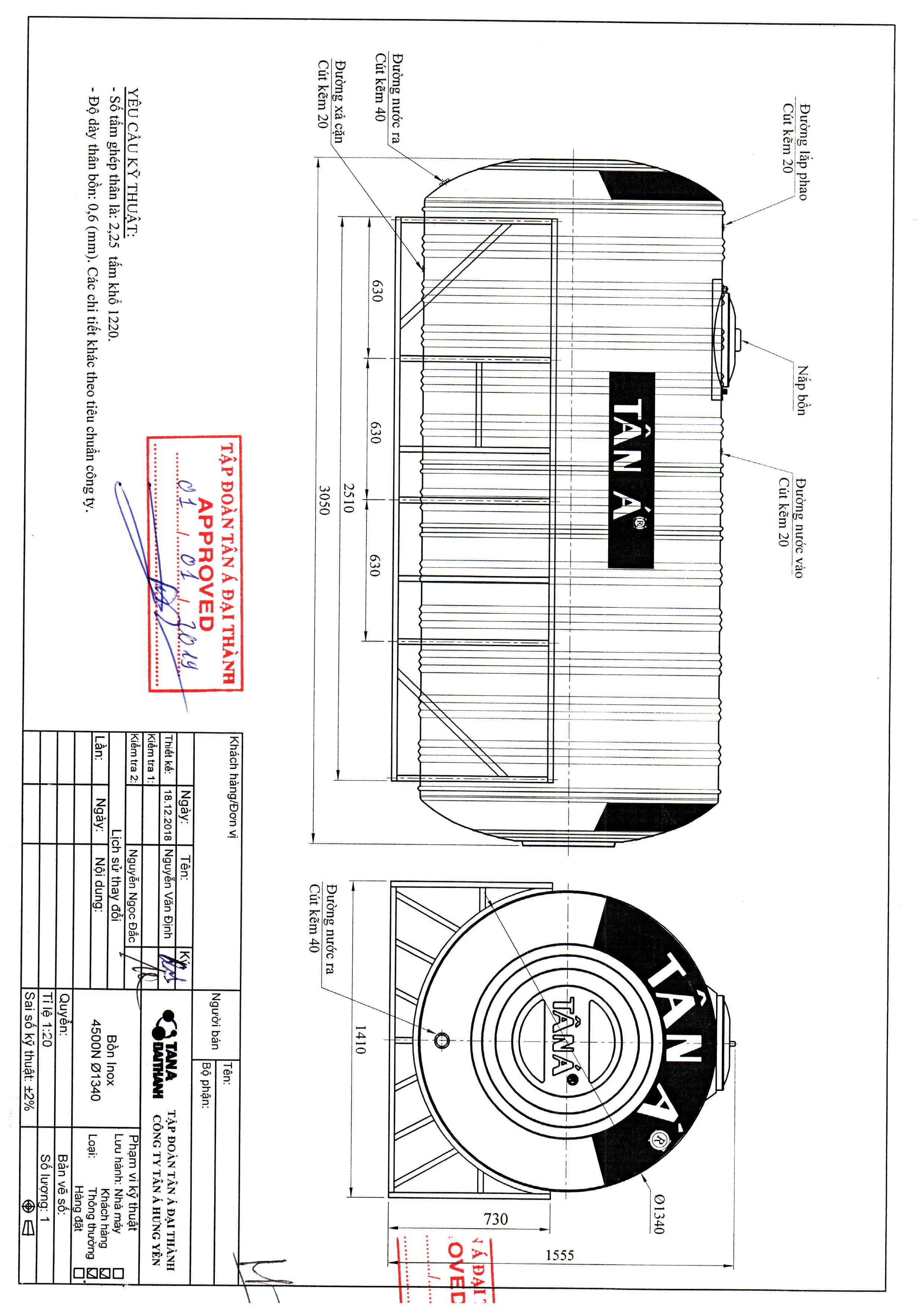 Thông số kỹ thuật bể nước inox Tân Á 4500L nằm