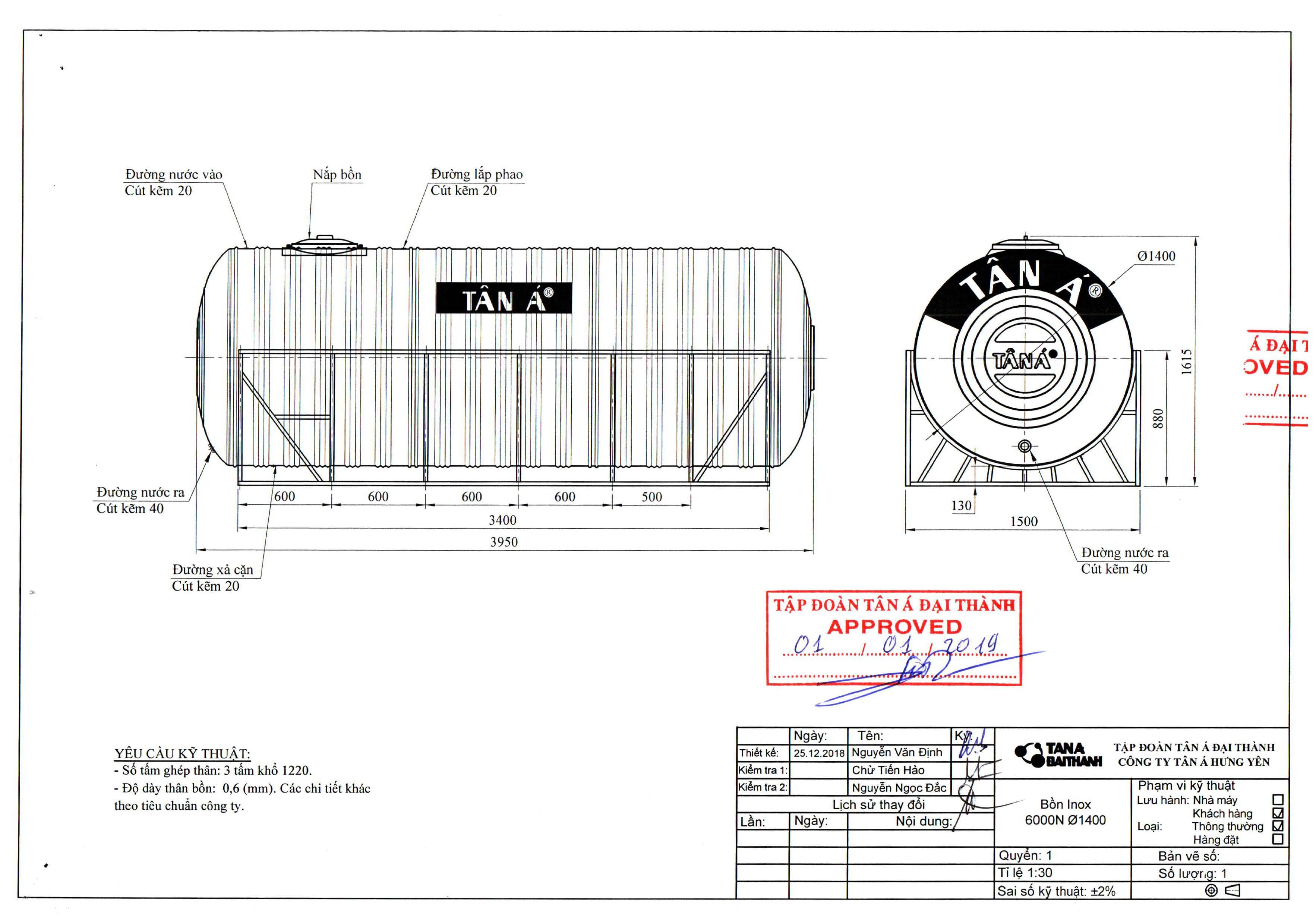 Bản vẽ kỹ thuật bể nước inox Tân Á 6000L nằm