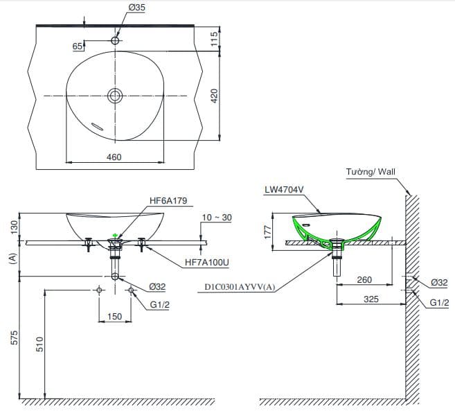 Bản vẽ kỹ thuật chậu bàn đá Toto LT4704G19