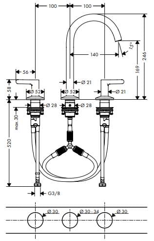 Bản vẽ vòi lavabo rửa mặt đen Axor 480750670
