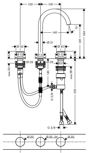 Bản vẽ vòi lavabo nóng lạnh Axor 48070020