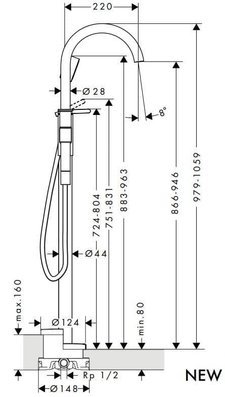 Bản vẽ vòi bồn tắm đặt sàn Axor 48440250