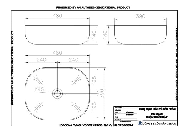Bản vẽ chậu bàn đá Ceravi CB121