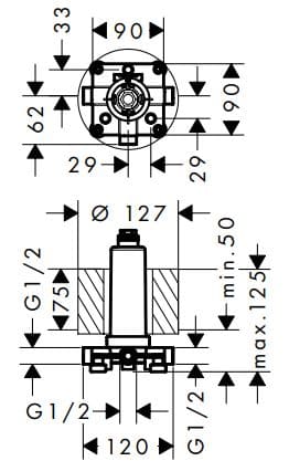 Bản vẽ chân bắt cần bát sen âm tường Axor 26434180