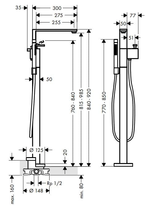 Bản vẽ sen bồn tắm đặt sàn Axor 46440000
