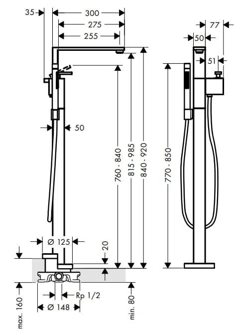 Bản vẽ sen bồn tắm đặt sàn Axor 46440130