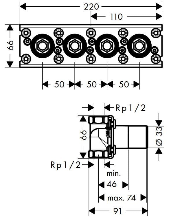 Bản vẽ chân bắt sen tắm nóng lạnh Axor 45443180