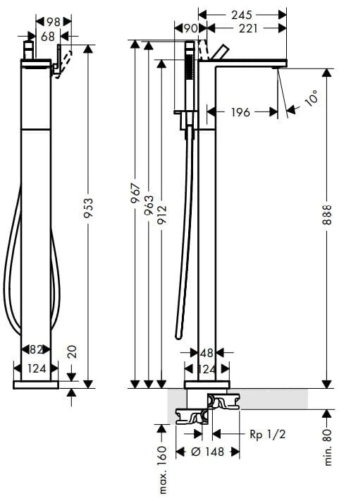 Bản vẽ sen bồn tắm đặt sàn Axor 47442130