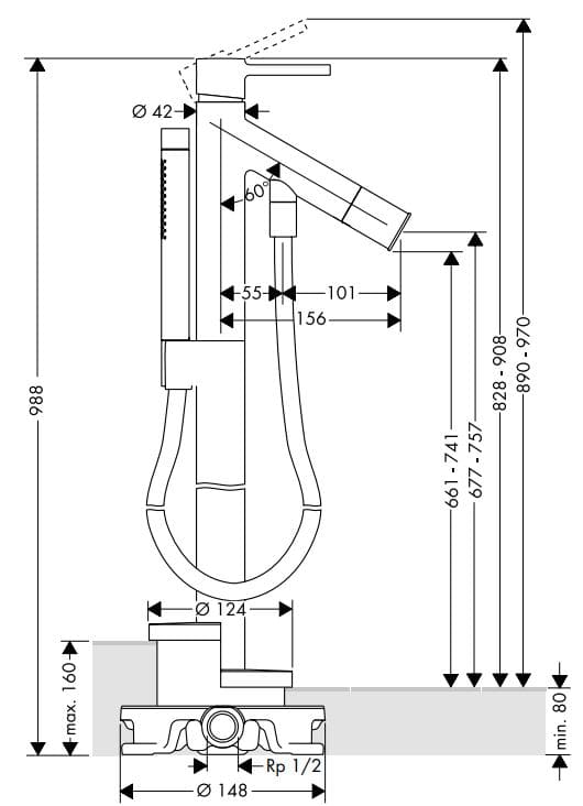 Bản vẽ sen cây bồn tắm đặt sàn Axor 10456340