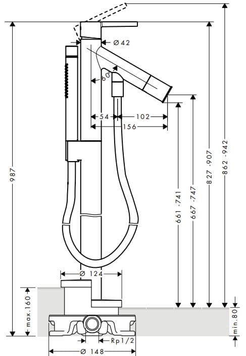 Bản vẽ sen cây bồn tắm đặt sàn Axor 10455000