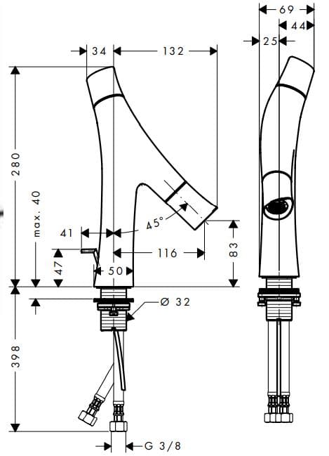 Bản vẽ kỹ thuật vòi lavabo nóng lạnh Axor Starck Organic 12010950
