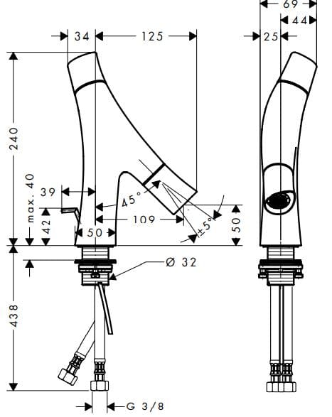 Bản vẽ kỹ thuật vòi lavabo nóng lạnh Axor Organic 12014340