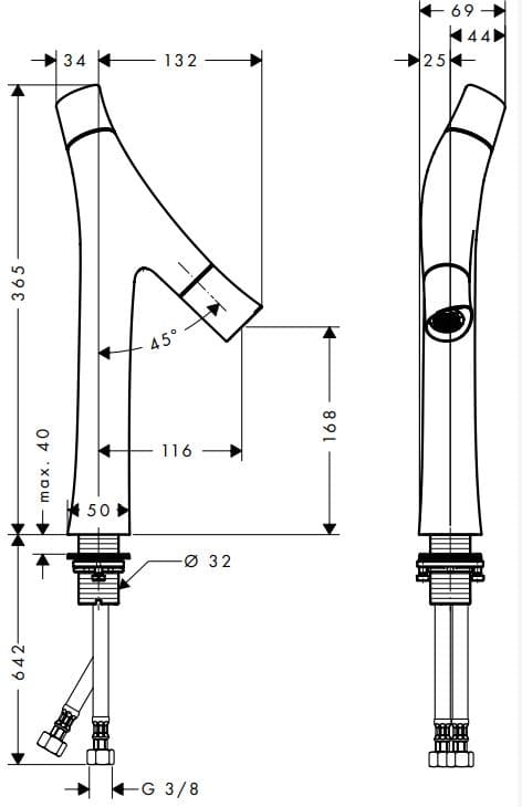 Bản vẽ kỹ thuật vòi lavabo nóng lạnh Axor Starck Oganic 12012000