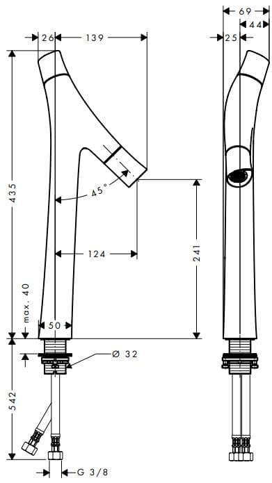 Bản vẽ kỹ thuật vòi lavabo cao Axor Starck Organic 12013340
