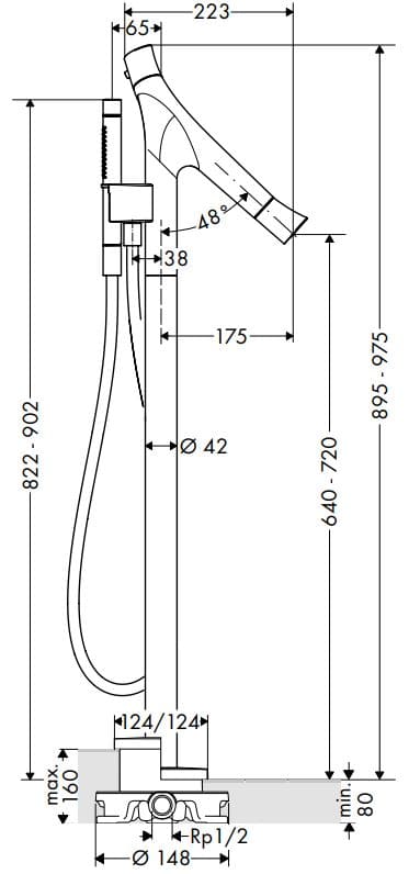 Bản vẽ sen tắm cây bồn nhiệt độ đặt sàn Axor Starck Organic 12016140