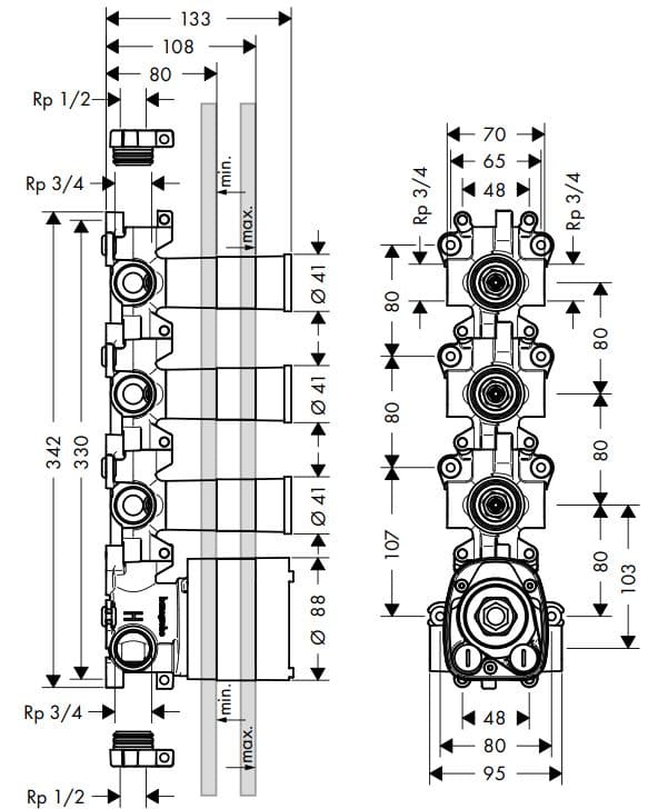 Bản vẽ chân bắt sen tắm nóng lạnh âm tường Axor 10750180
