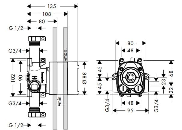Bản vẽ chân bắt sen tắm nóng lạnh âm tường Axor 10754180