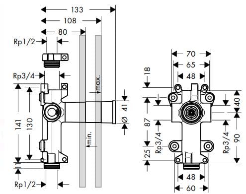 Bản vẽ chân bắt sen tắm nóng lạnh âm tường Axor 10971180
