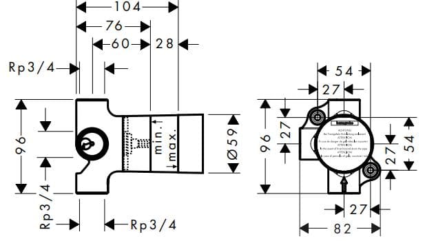 Bản vẽ chân bắt sen tắm âm tường Axor 16982180