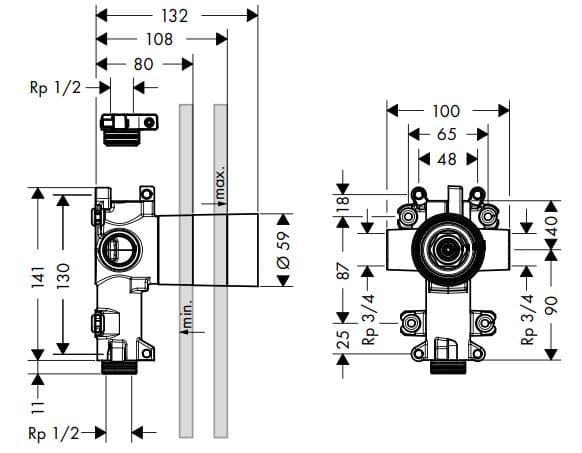 Bản vẽ chân bắt sen tắm âm tường Axor 36770180